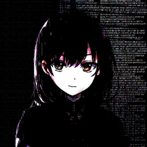 Black-haired illustrated character against a textured black background